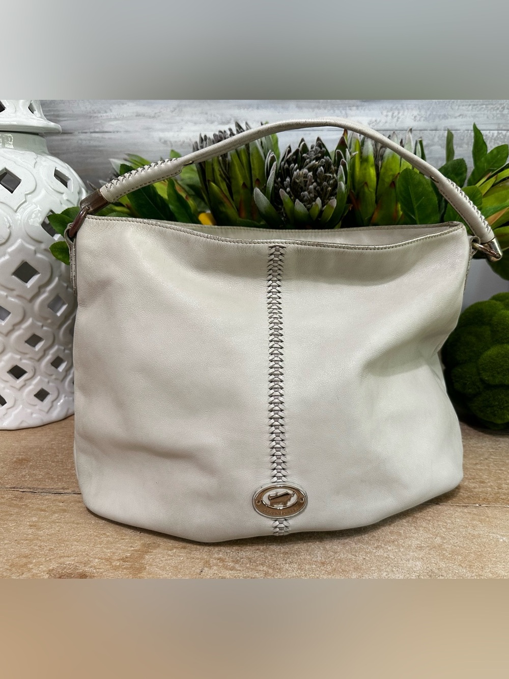 Braun Büffel White Leather Hobo Shoulder Bag Woven Detail